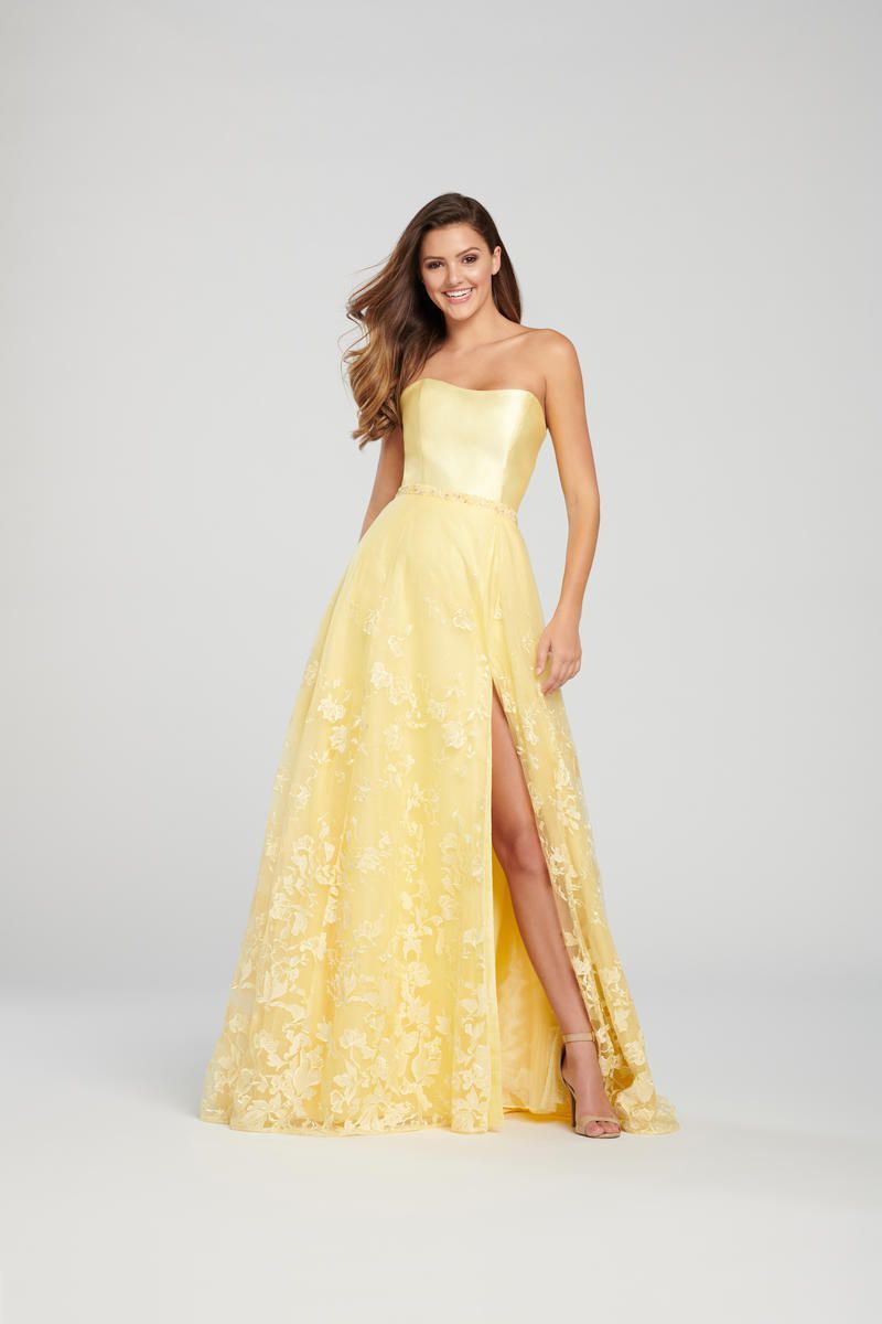 Style EW119007 Ellie Wilde Size 12 Prom Strapless Satin Yellow Side Slit Dress on Queenly