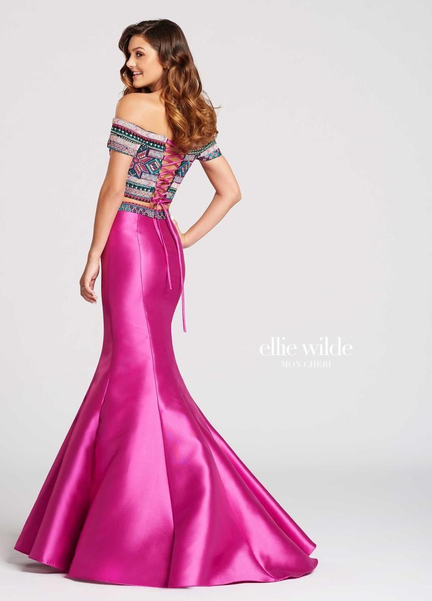 Style EW118038 Ellie Wilde Size 2 Prom Off The Shoulder Lace Hot Pink Mermaid Dress on Queenly