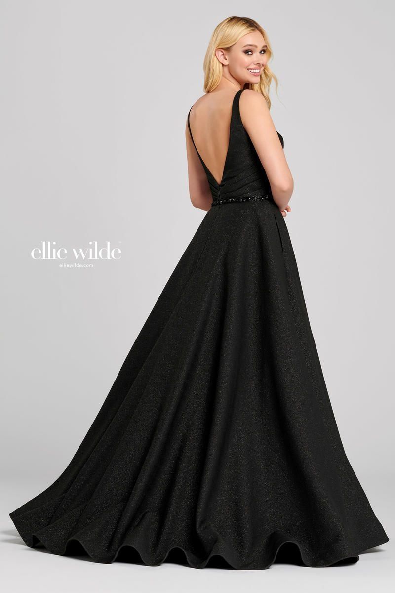 Style EW120071 Ellie Wilde Size 8 Prom Plunge Lace Black Side Slit Dress on Queenly