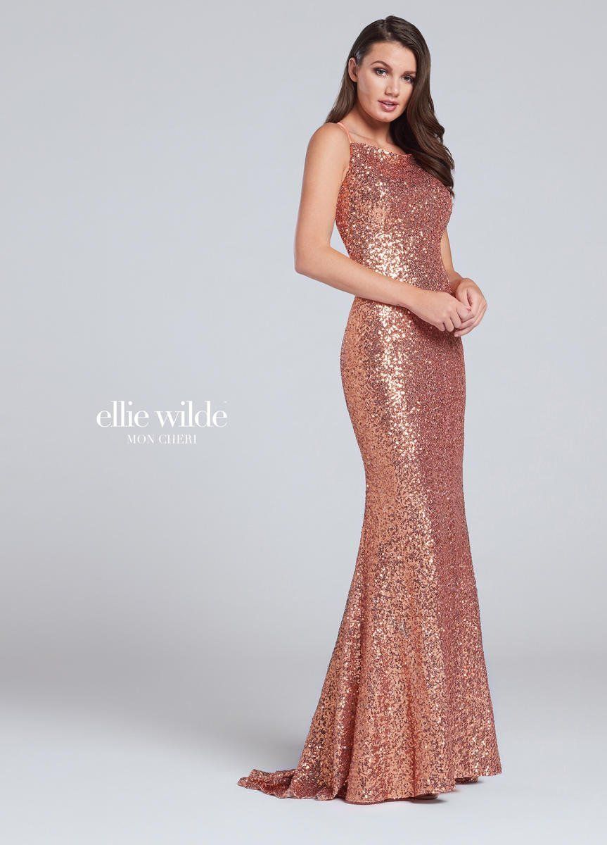Style EW117115 Ellie Wilde Size 6 Prom Sequined Gold Mermaid Dress on Queenly