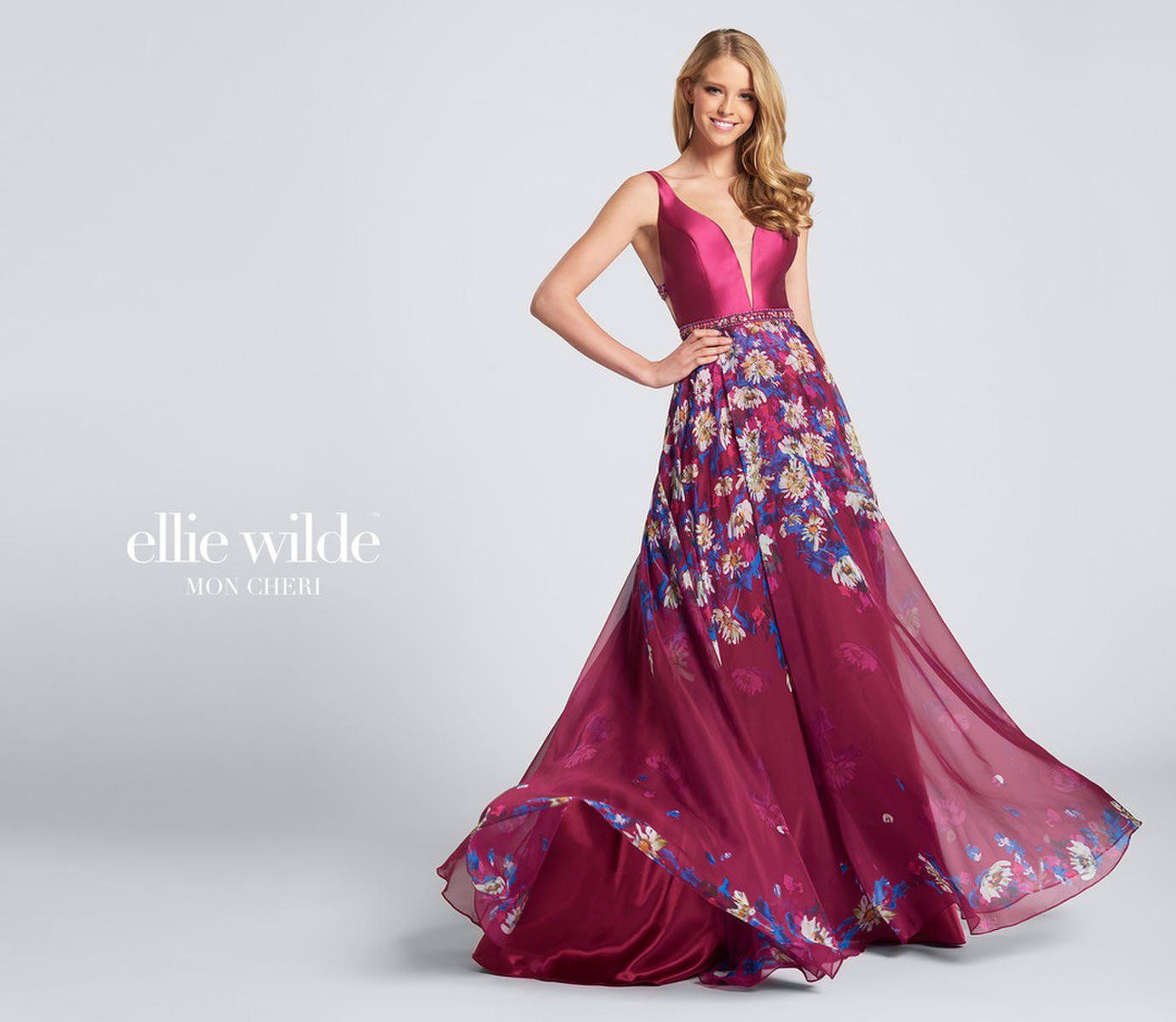Style EW21705 Ellie Wilde Size 2 Prom Plunge Floral Red A-line Dress on Queenly