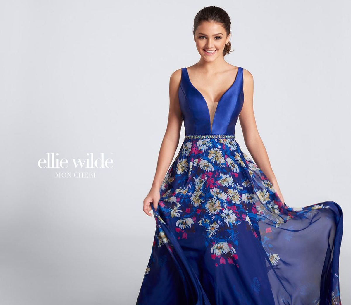Style EW21705 Ellie Wilde Size 10 Prom Plunge Floral Royal Blue A-line Dress on Queenly