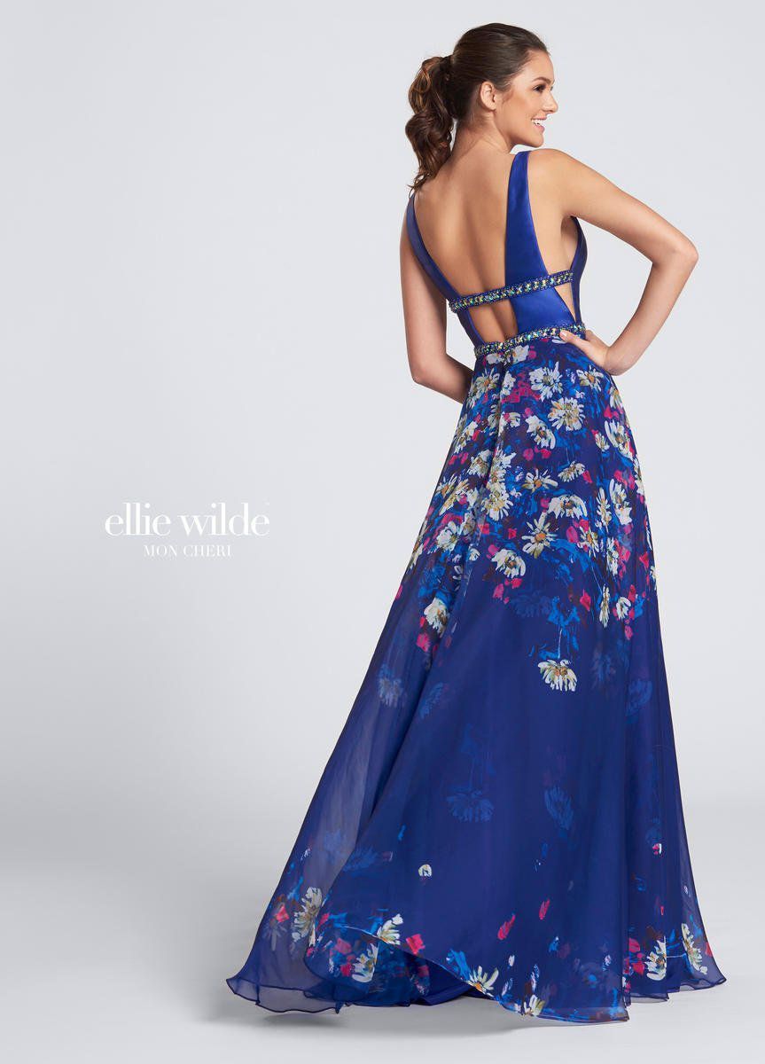 Style EW21705 Ellie Wilde Size 10 Prom Plunge Floral Royal Blue A-line Dress on Queenly