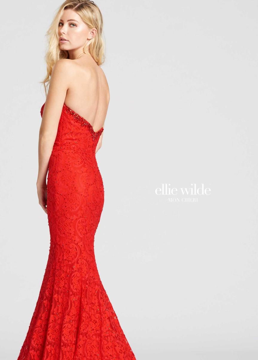 Style EW118036 Ellie Wilde Size 12 Prom Lace Red Mermaid Dress on Queenly