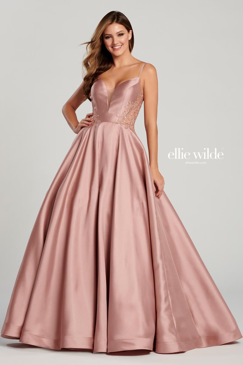 Style EW120137 Ellie Wilde Size 4 Prom Plunge Satin Rose Gold A-line Dress on Queenly