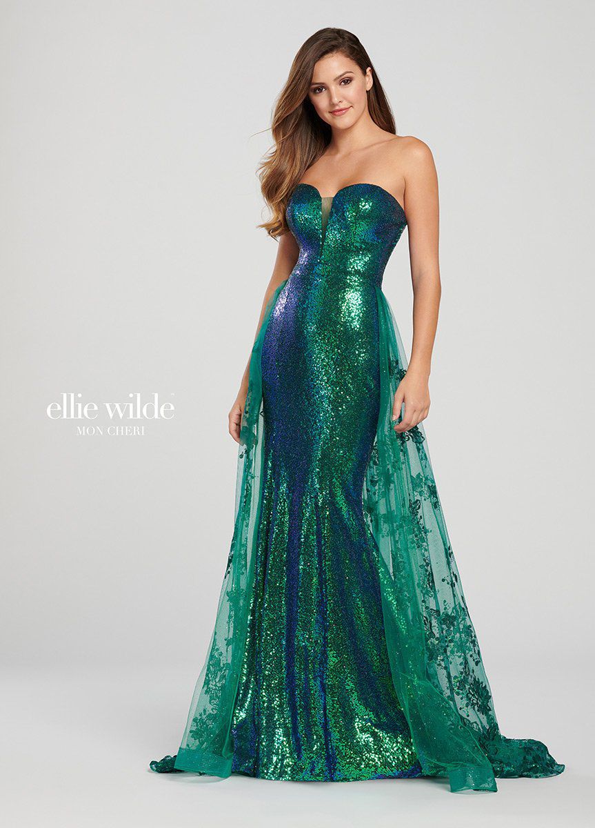 Style EW119039 Ellie Wilde Size 4 Prom Strapless Lace Emerald Green Mermaid Dress on Queenly