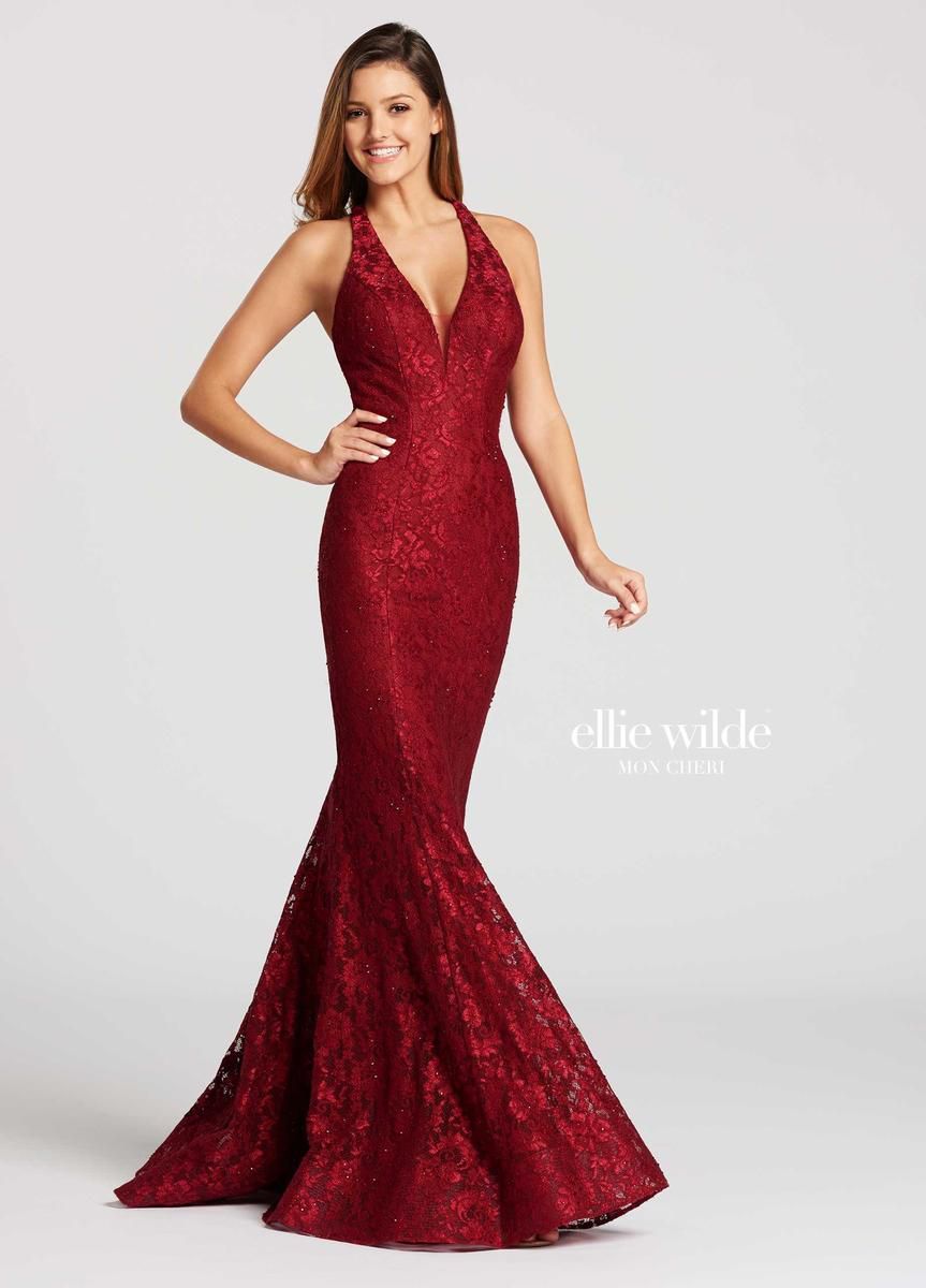 Style EW118007 Ellie Wilde Size 10 Prom Halter Lace Burgundy Red Mermaid Dress on Queenly