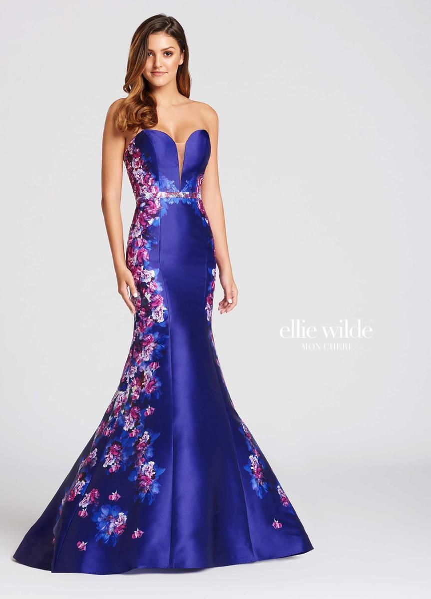 Style EW118005 Ellie Wilde Size 14 Prom Strapless Satin Purple Mermaid Dress on Queenly