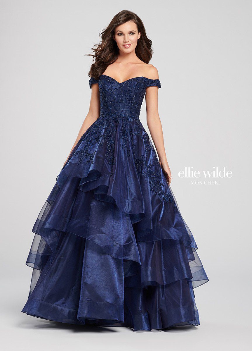 Style EW119043A Ellie Wilde Size 14 Prom Off The Shoulder Navy Blue Ball Gown on Queenly