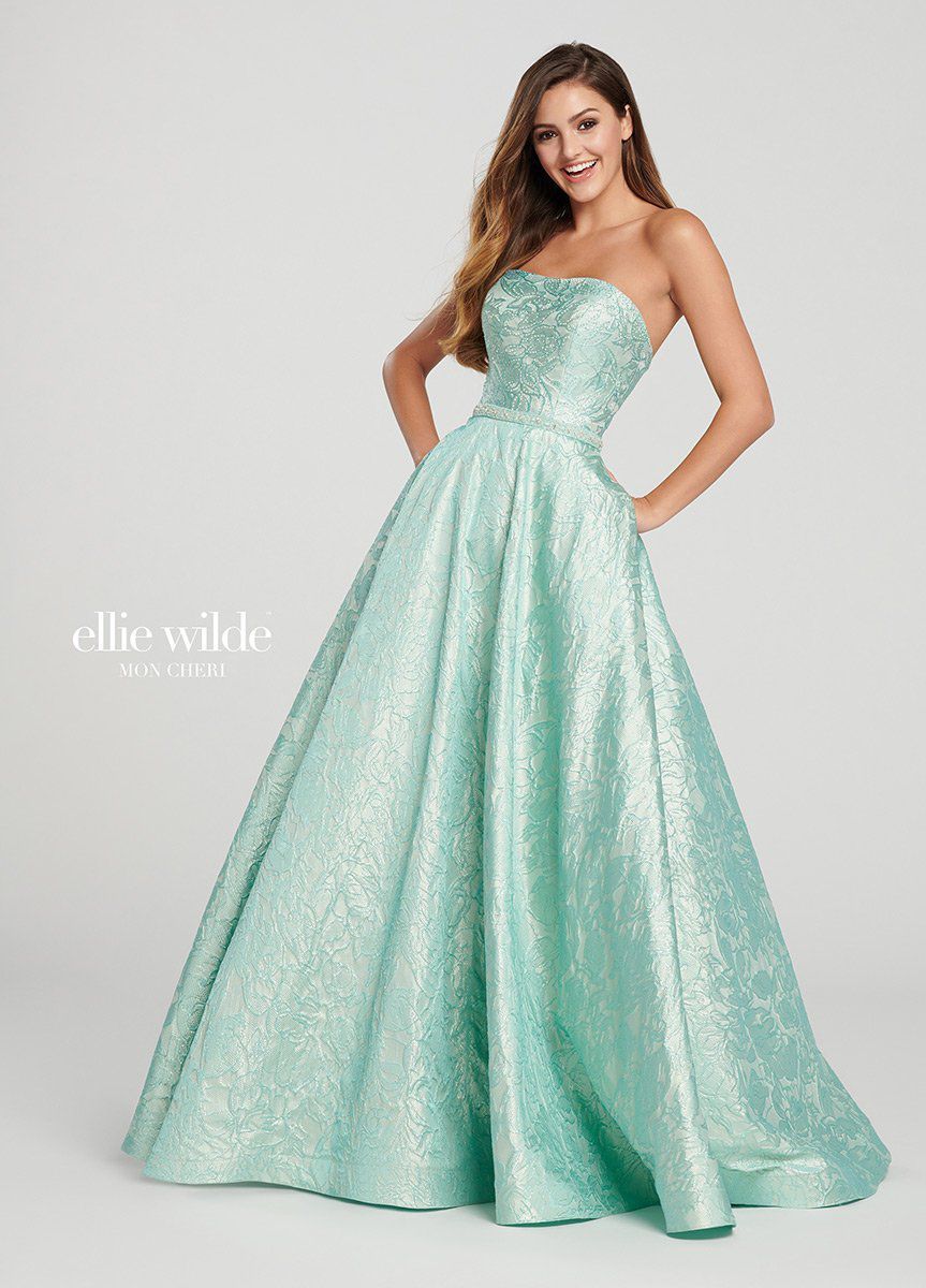 Style EW119013 Ellie Wilde Size 6 Prom Strapless Light Green Ball Gown on Queenly