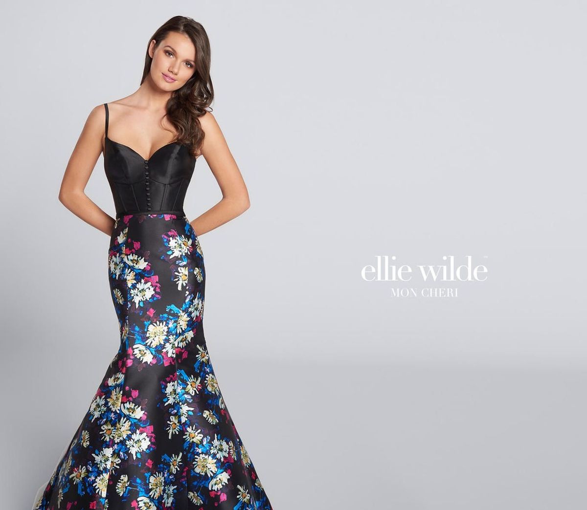 Style EW21710 Ellie Wilde Size 4 Prom Floral Black Mermaid Dress on Queenly