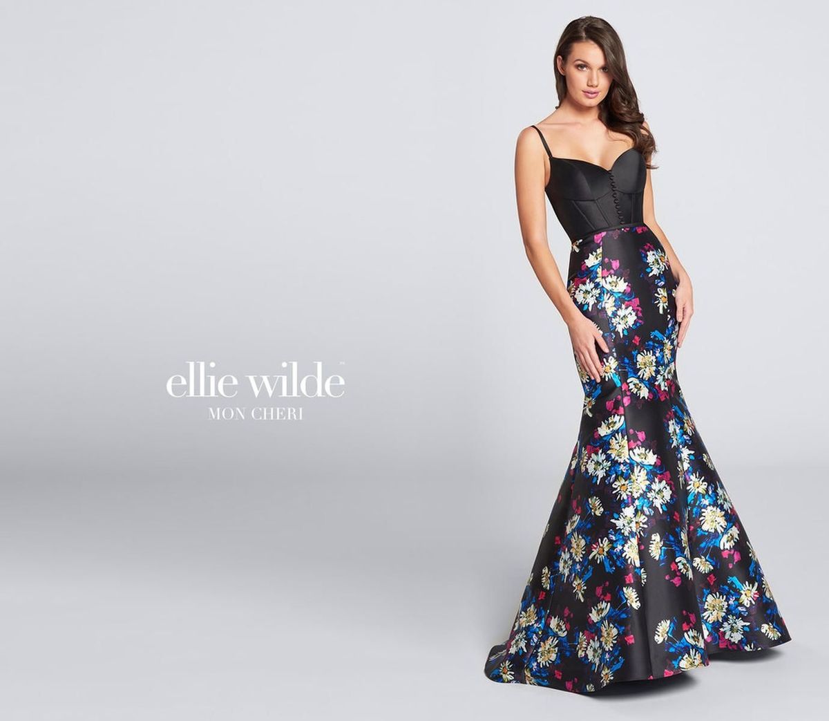 Style EW21710 Ellie Wilde Size 4 Prom Floral Black Mermaid Dress on Queenly