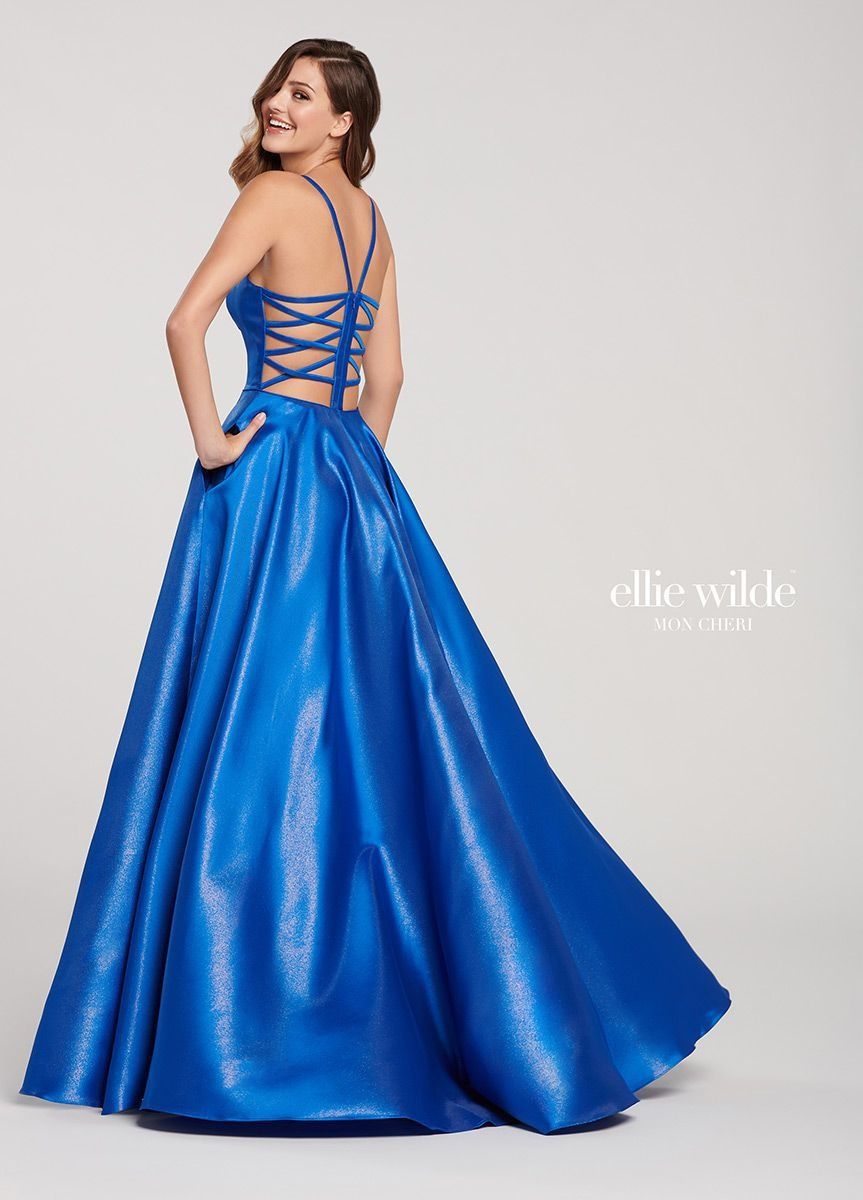 Style EW119181 Ellie Wilde Size 4 Prom Satin Royal Blue A-line Dress on Queenly