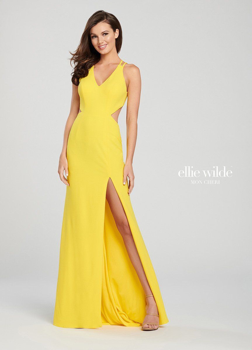 Style EW119159 Ellie Wilde Size 4 Prom Yellow Side Slit Dress on Queenly