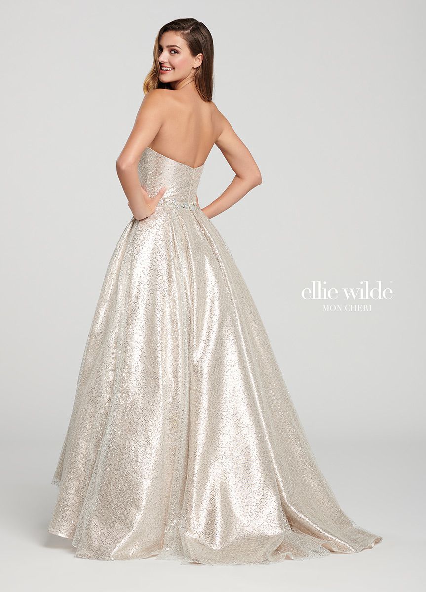 Style EW119077 Ellie Wilde Size 12 Prom Strapless Gold A-line Dress on Queenly