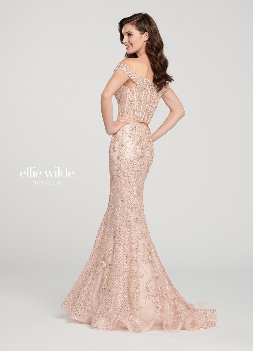 Style EW119016 Ellie Wilde Size 2 Prom Off The Shoulder Lace Rose Gold Mermaid Dress on Queenly
