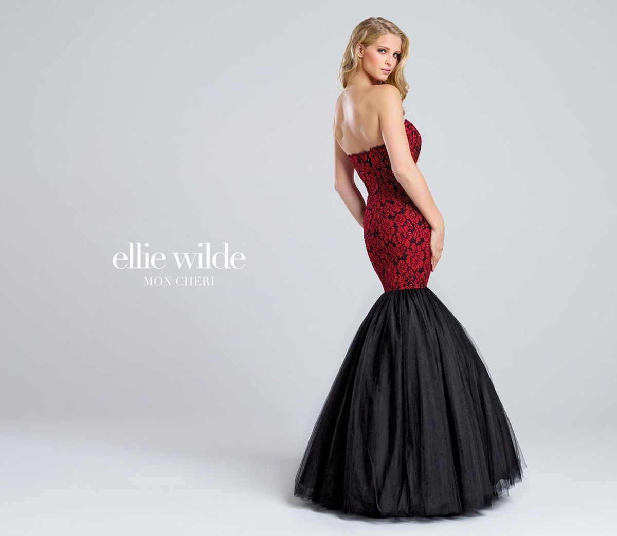 Style EW117043 Ellie Wilde Size 8 Prom Strapless Lace Red Mermaid Dress on Queenly