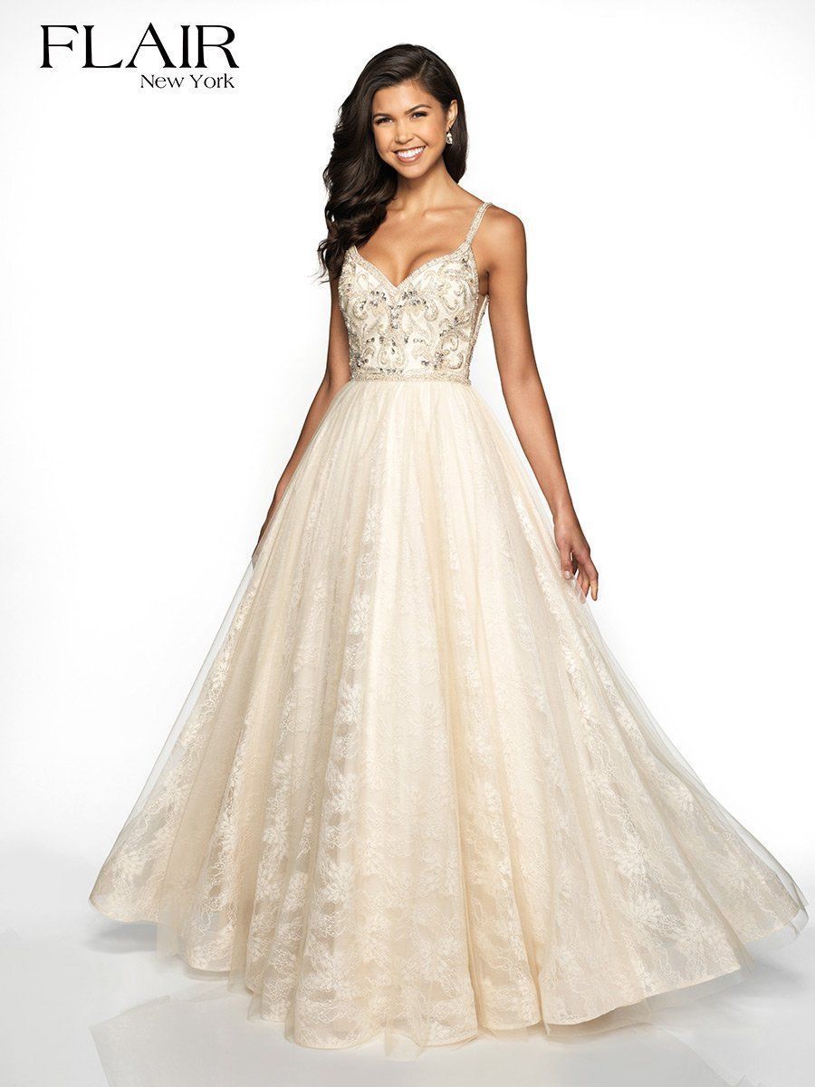 Style 19101 Flair Prom Size 0 Prom Lace Gold A-line Dress on Queenly