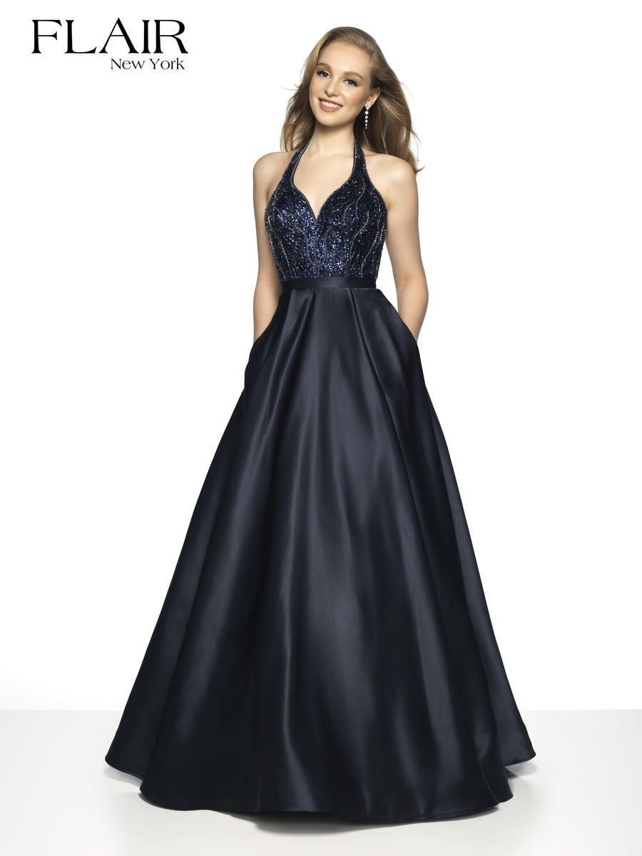 Style 19409 Flair Prom Size 14 Prom Satin Navy Blue A-line Dress on Queenly
