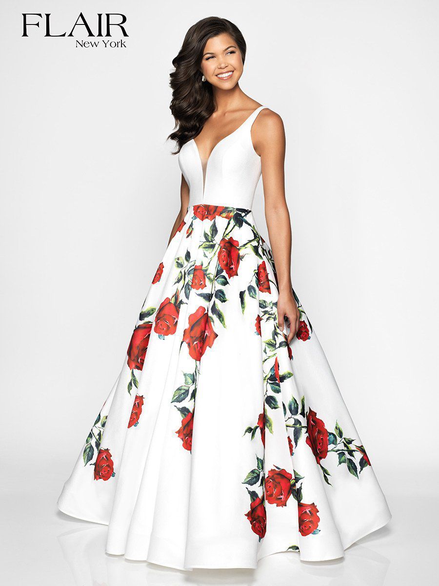 Style 19048 Flair Prom Size 10 Prom Plunge Floral White A-line Dress on Queenly