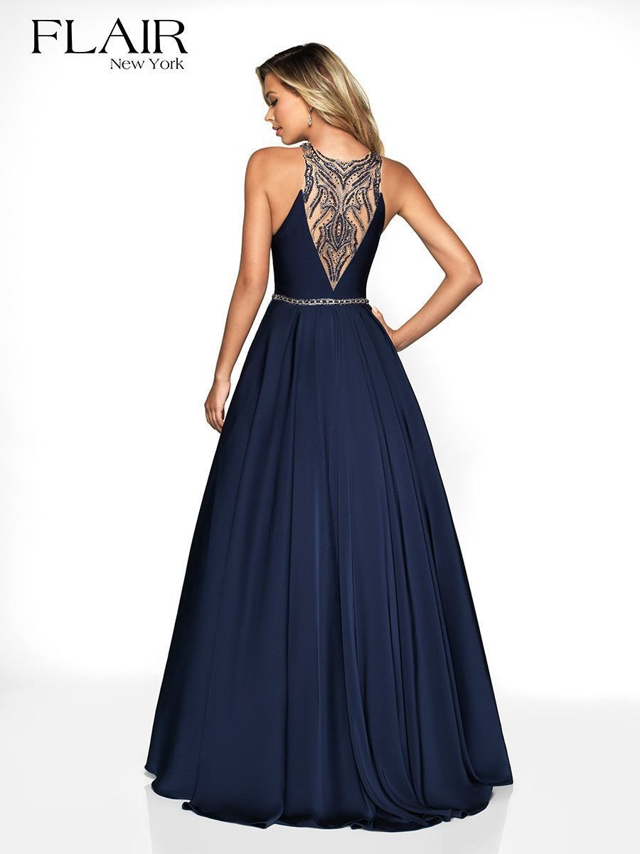 Style 19105 Flair Prom Size 2 Prom Halter Navy Blue A-line Dress on Queenly