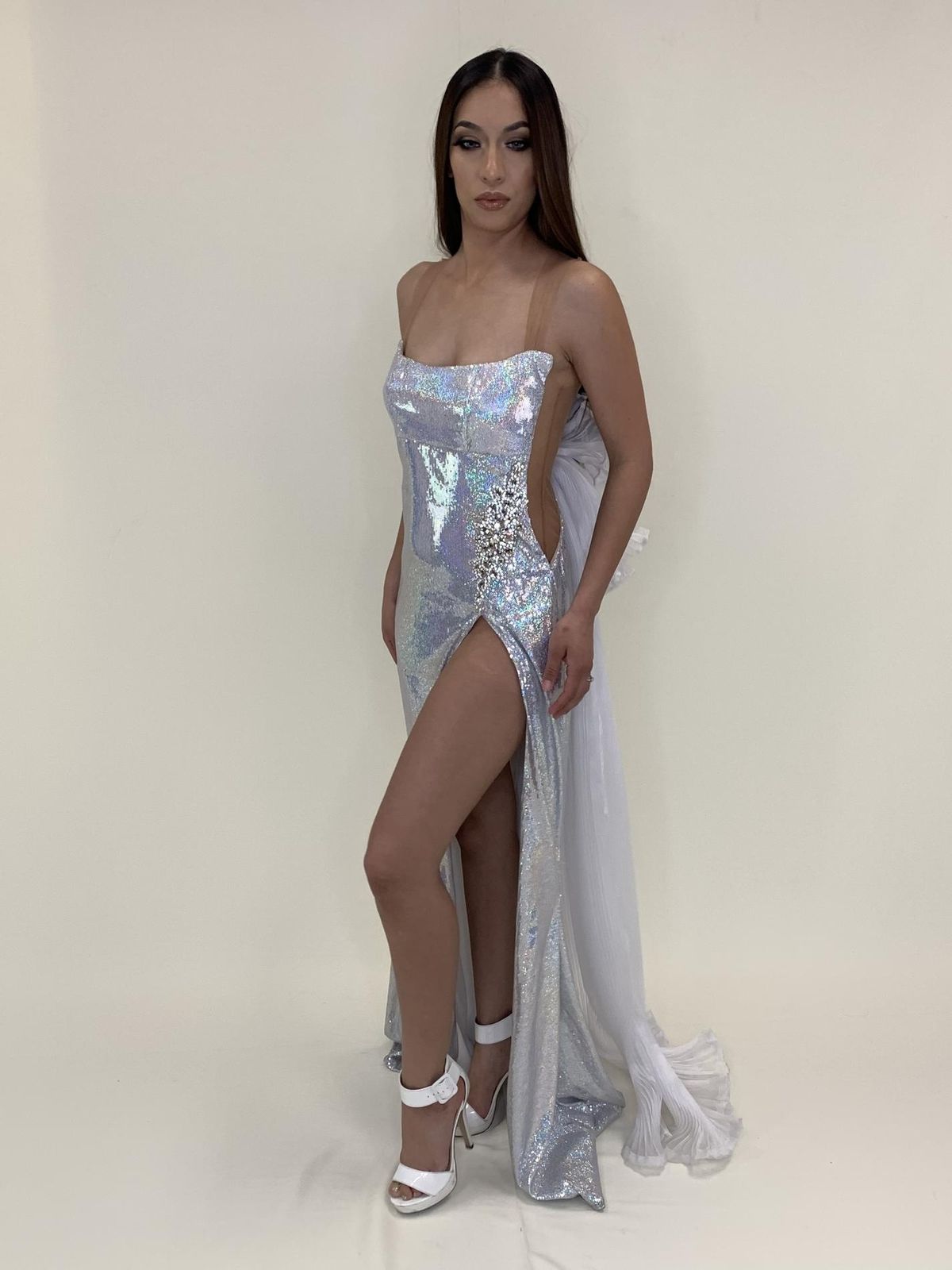 Larissa Couture LV Size 2 Silver Side Slit Dress on Queenly