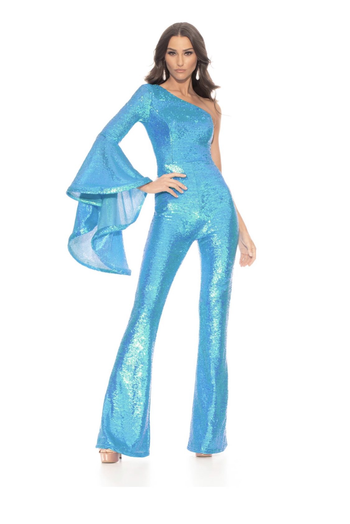 Ashley Lauren Size 4 Fun Fashion Sequined Blue Formal Jumpsuit on Queenly