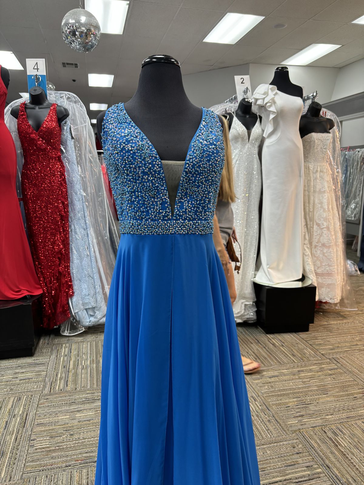 Style 5642 Jasz Couture Size 14 Prom Plunge Turquoise Blue A-line Dress on Queenly
