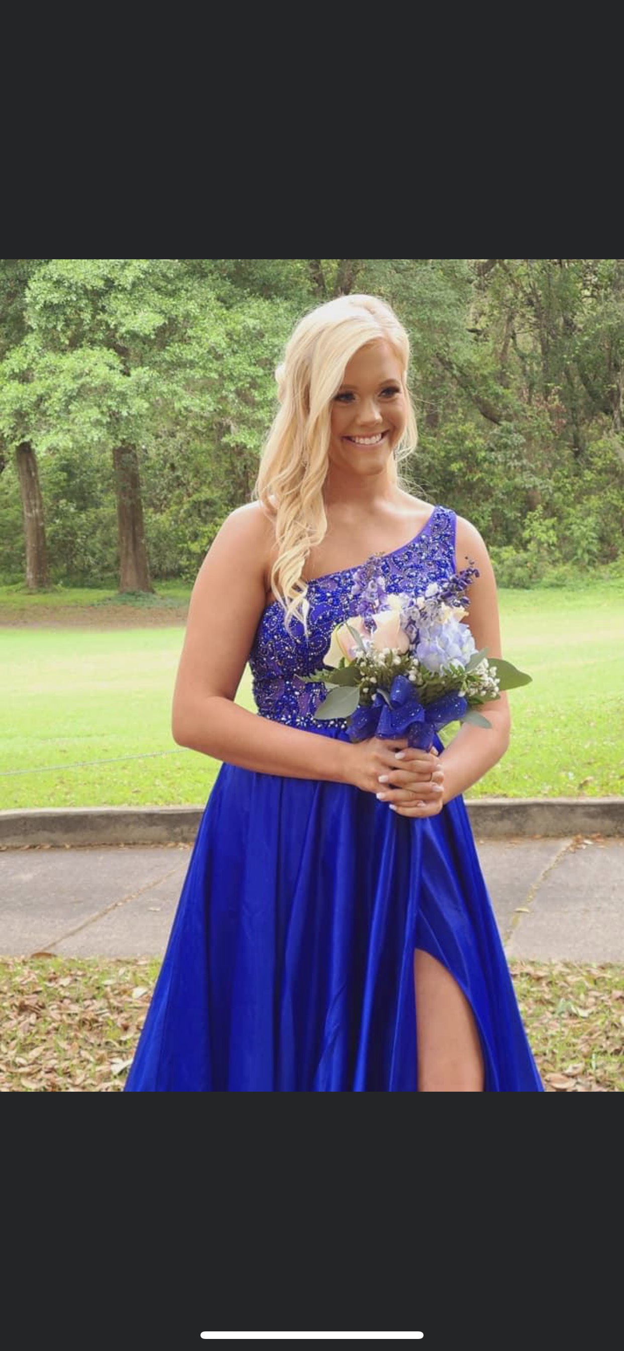 Jovani Size 8 Prom One Shoulder Sequined Royal Blue Side Slit Dress on Queenly