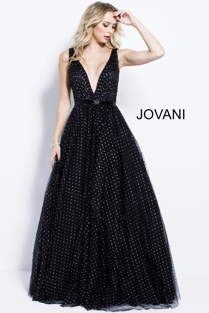 Style 57696 Jovani Size 14 Prom Plunge Black Ball Gown on Queenly