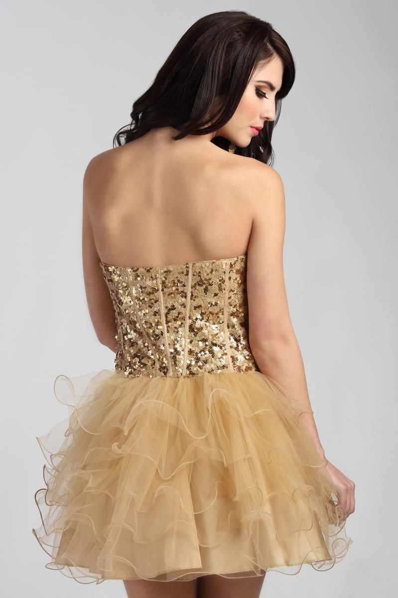Style 225610 Jolene Gold Size 10 Flare Homecoming Holiday Tall Height Strapless Cocktail Dress on Queenly