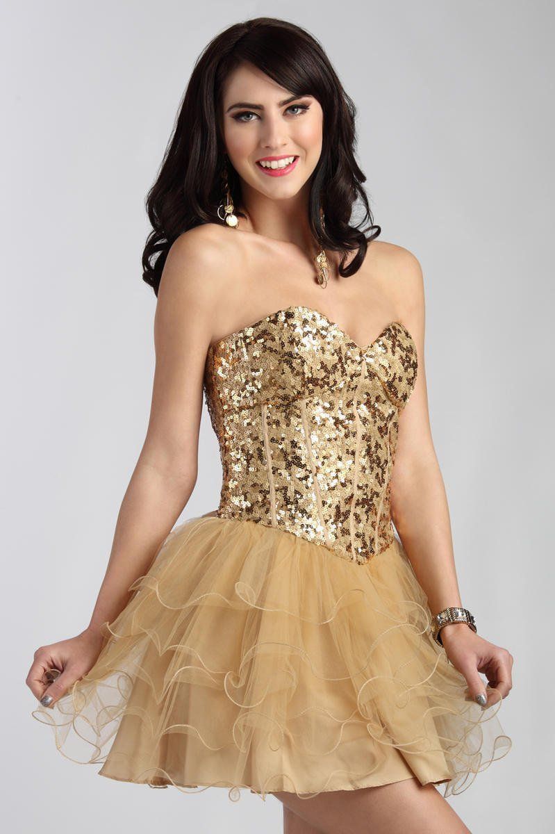 Style 225610 Jolene Gold Size 10 Flare Homecoming Holiday Tall Height Strapless Cocktail Dress on Queenly