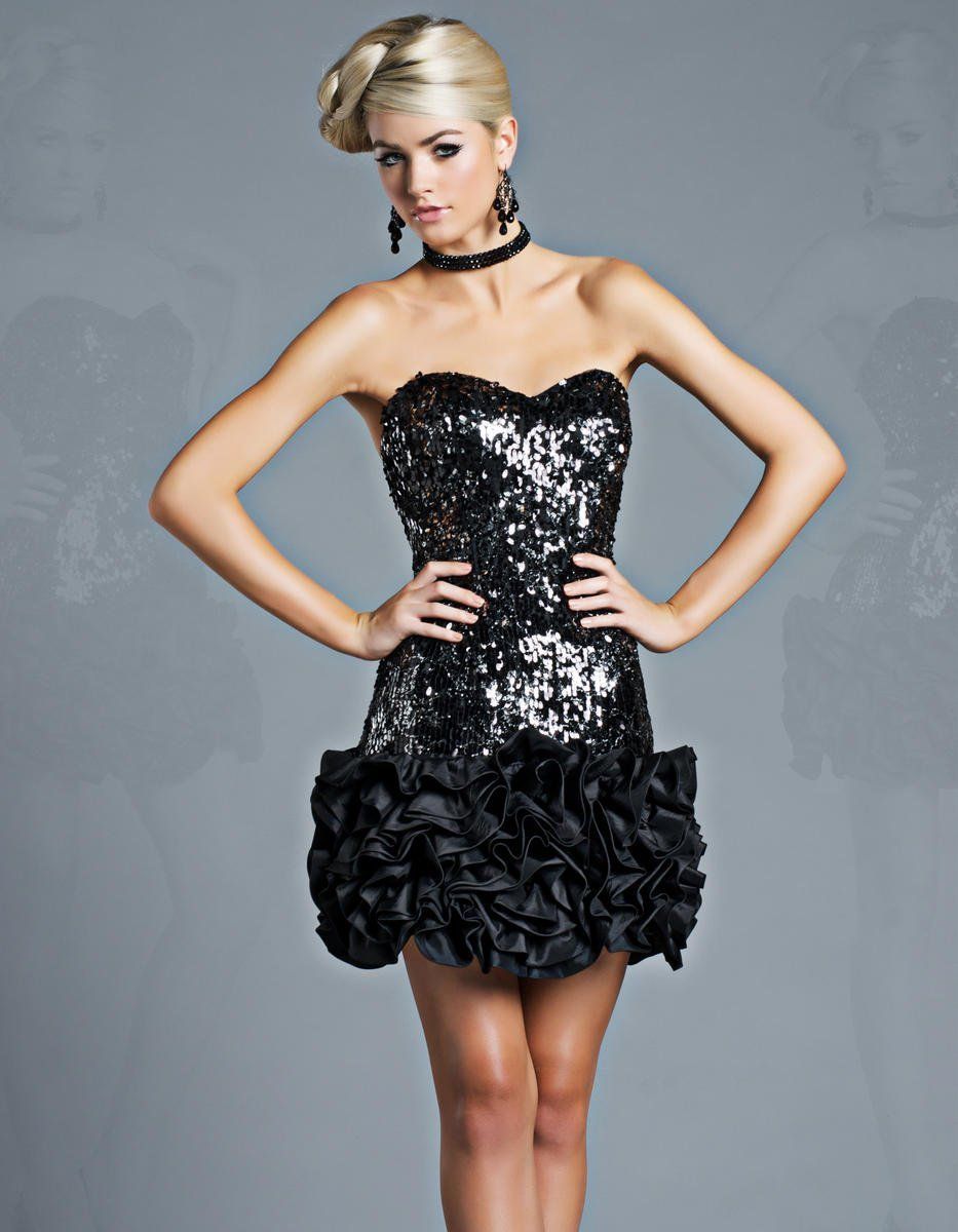Style 12064 Jolene Black Size 6 Shiny Holiday Mini Homecoming Cocktail Dress on Queenly