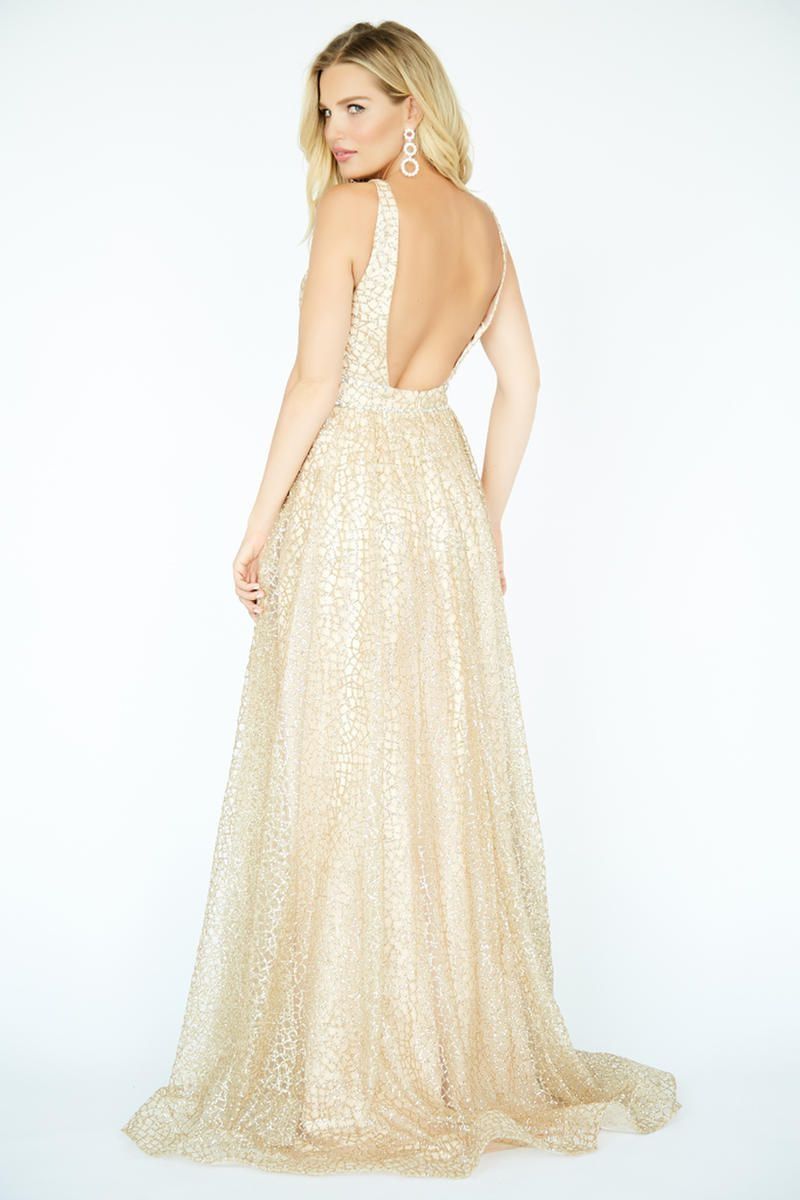 Style 19088 Jolene Size 12 Prom Plunge Gold Ball Gown on Queenly