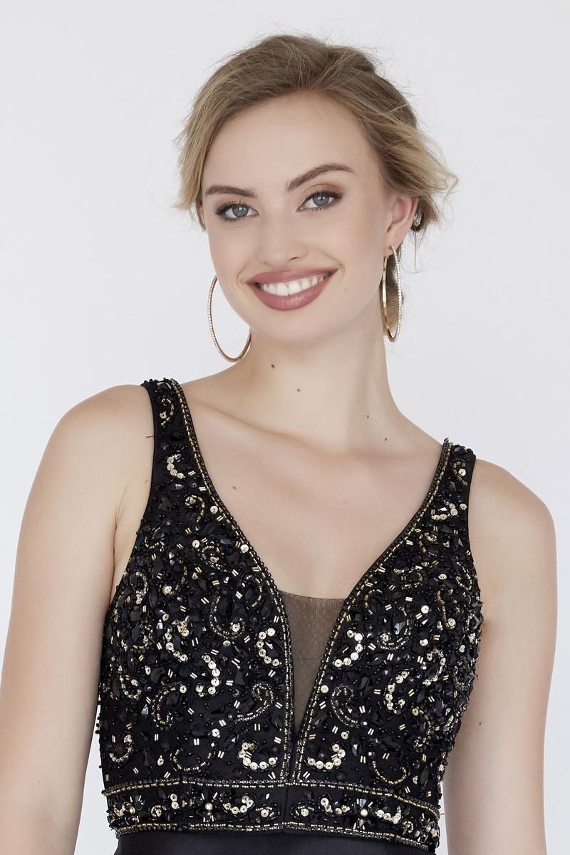 Style 17144 Jolene Size 8 Prom Sequined Black Ball Gown on Queenly