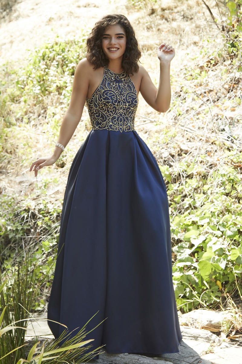Style 18052 Jolene Size 6 Prom Halter Satin Navy Blue Ball Gown on Queenly