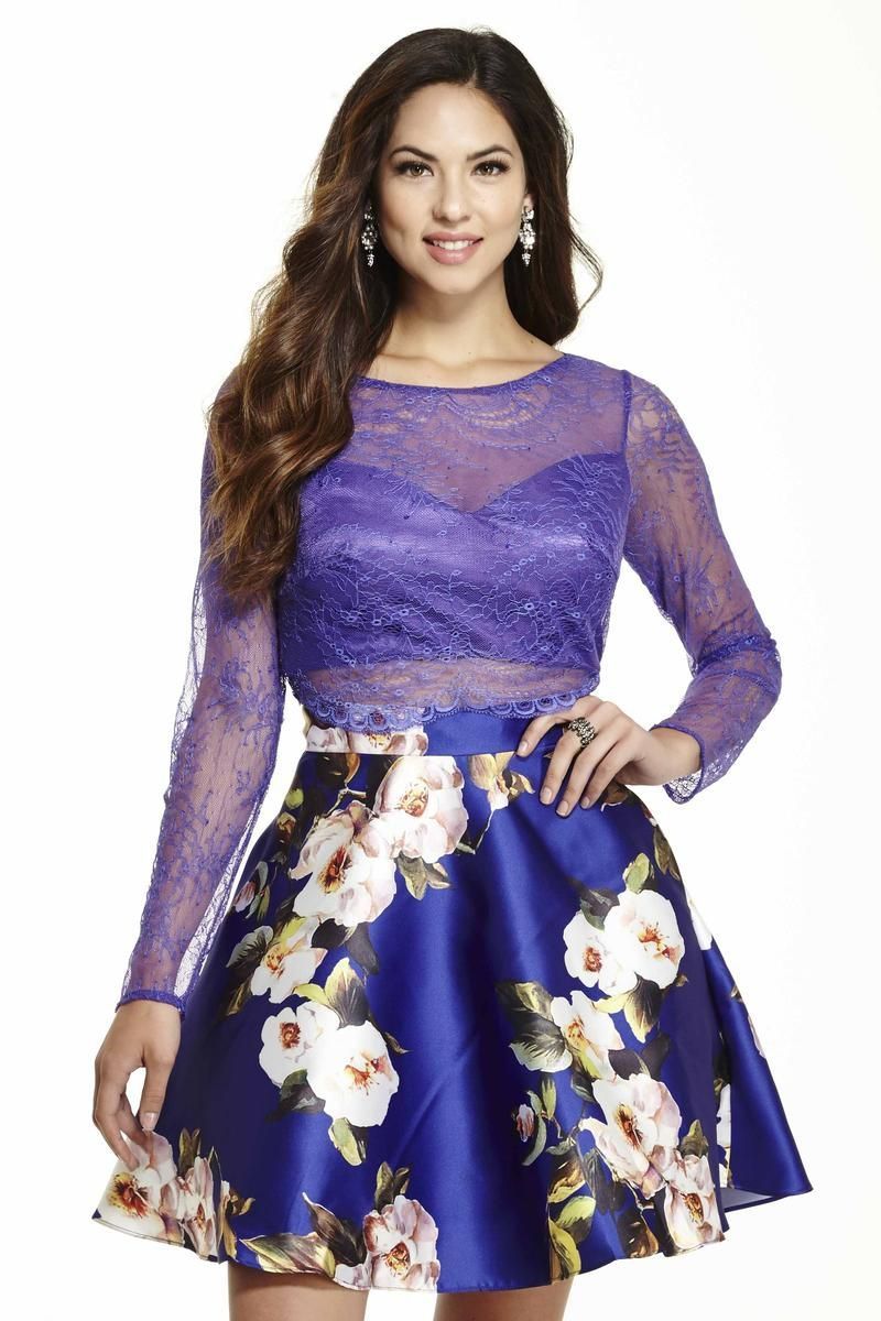 Style 16563 Jolene Size 14 Homecoming Long Sleeve Floral Purple Cocktail Dress on Queenly