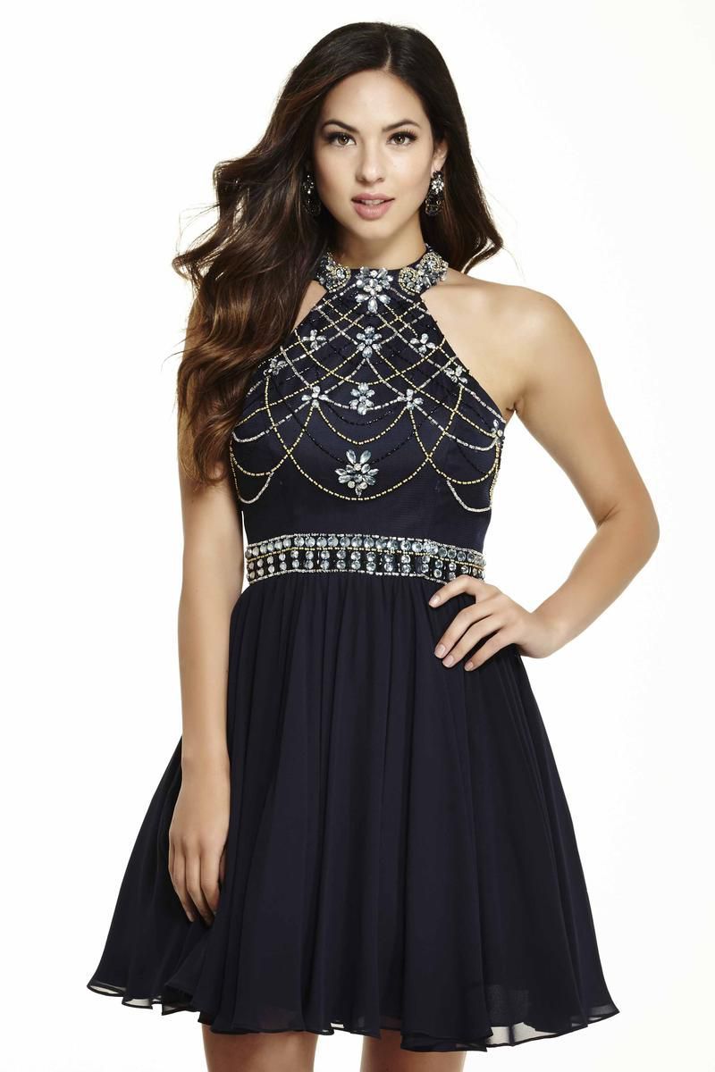 Style 16531 Jolene Plus Size 18 Prom Halter Navy Blue Cocktail Dress on Queenly
