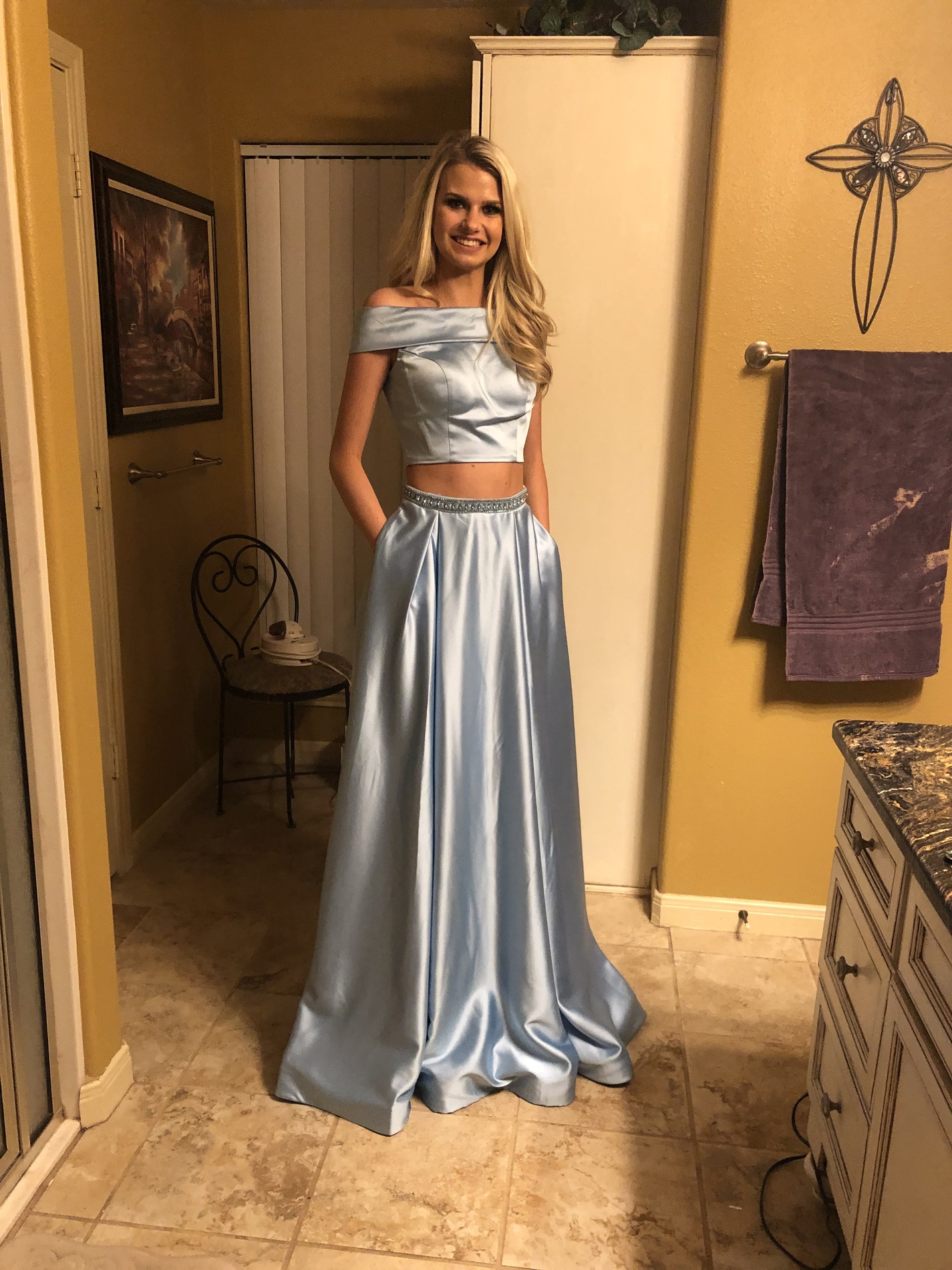 Size 2 Prom Off The Shoulder Sequined Light Blue Mermaid Dress on Queenly