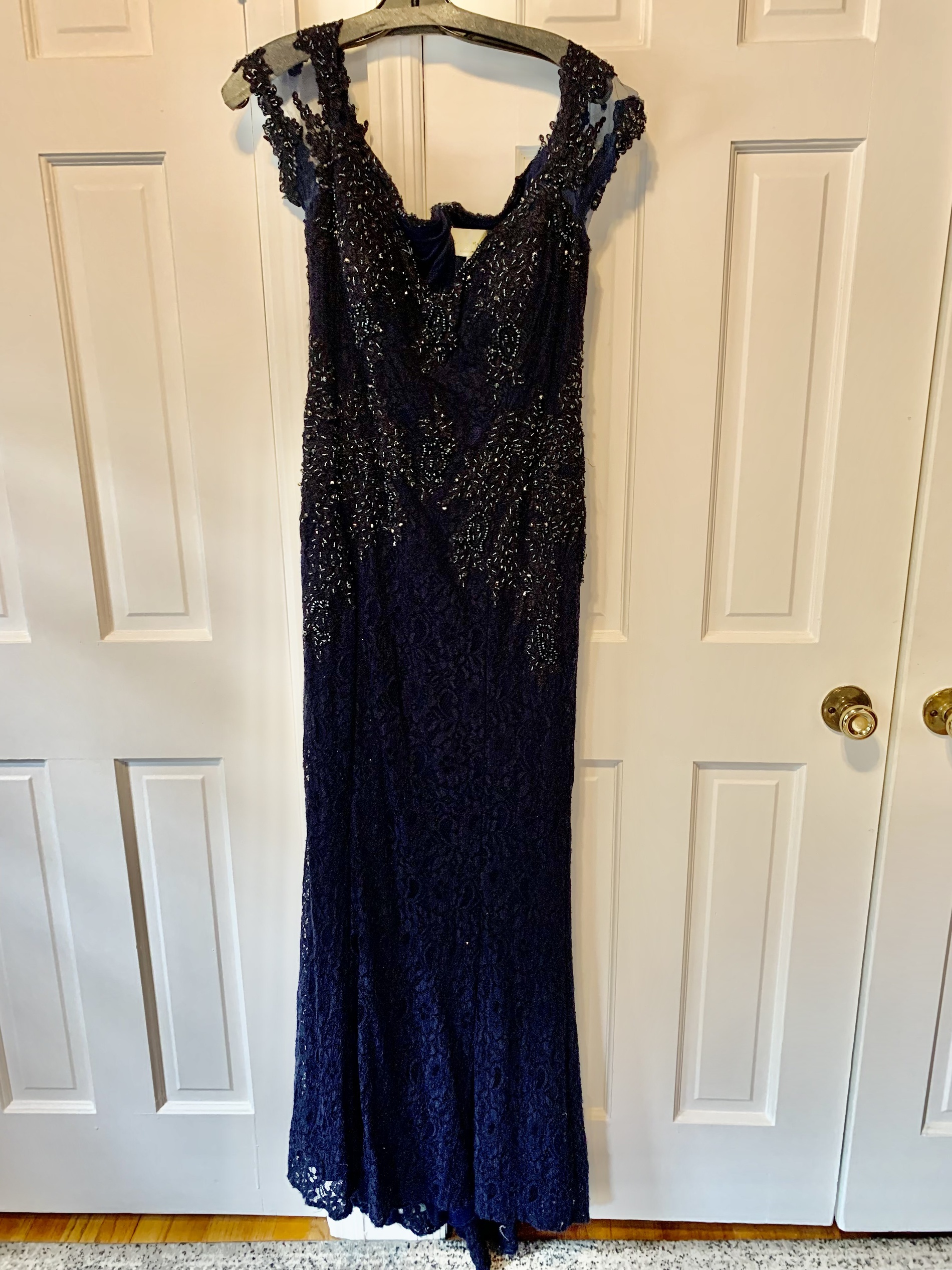 Rina de Montella Size 12 Off The Shoulder Lace Navy Blue Floor Length Maxi on Queenly