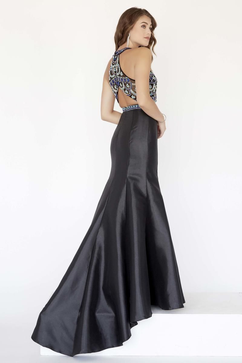 Style 18110 Jolene Size 6 Prom Halter Satin Black Mermaid Dress on Queenly