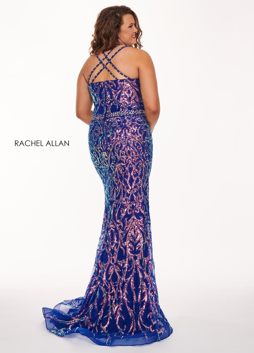 Style 6687 Rachel Allan Size 14 Prom Halter Sequined Purple Mermaid Dress on Queenly