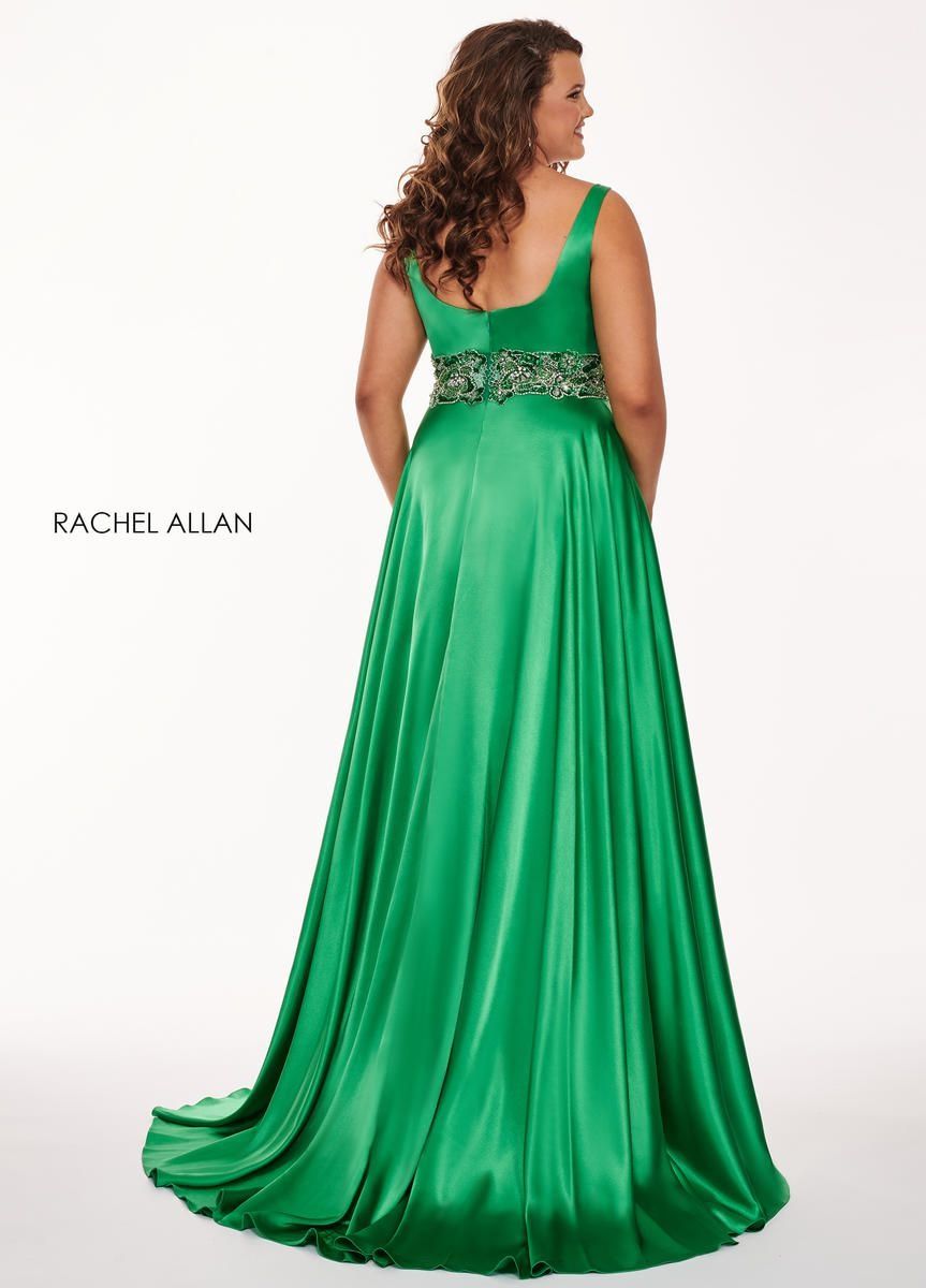 Style 6681 Rachel Allan Size 14 Prom Satin Emerald Green Side Slit Dress on Queenly