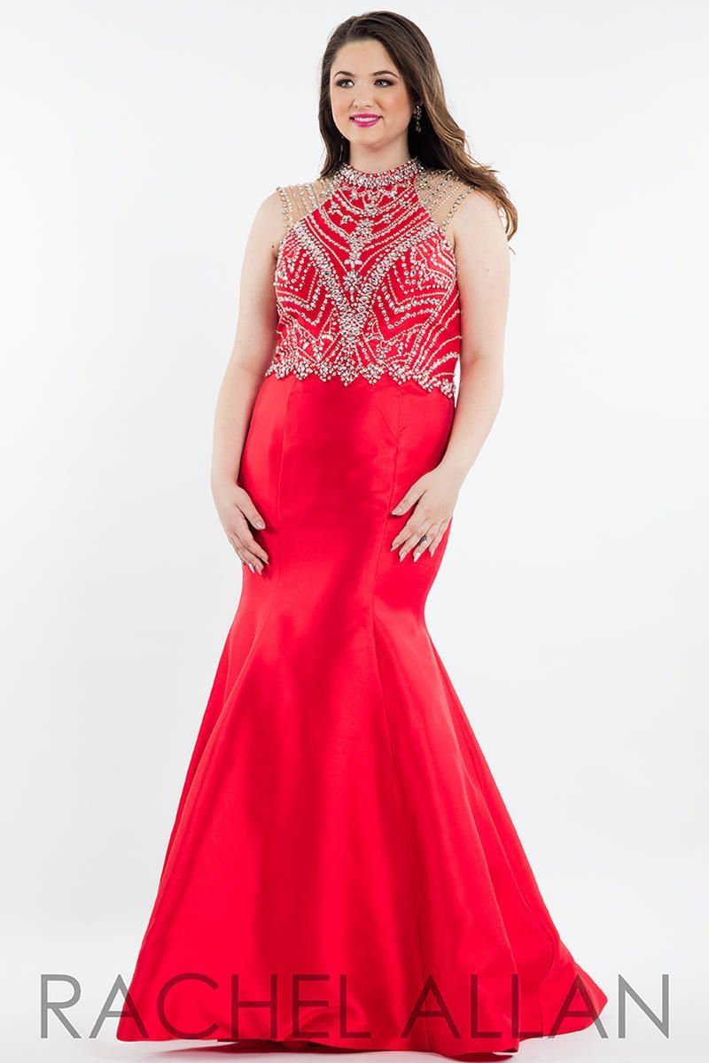 Style 7833 Rachel Allan Size 14 Prom Halter Red Mermaid Dress on Queenly