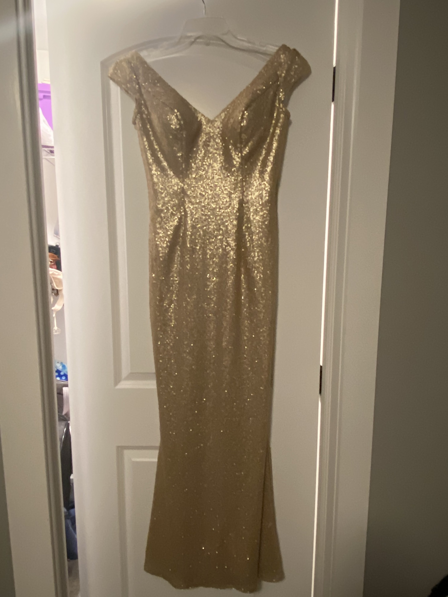 Bari Jay Size 6 Bridesmaid Off The Shoulder Sequined Gold Mermaid Dress on Queenly