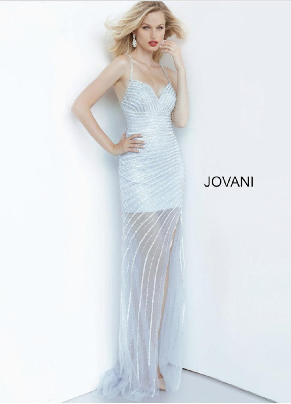 Jovani Blue Size 4 Tall Height Sheer Straight Dress on Queenly