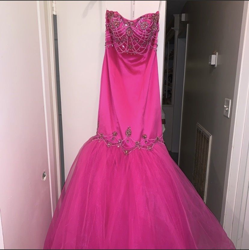 Sherri Hill Size 0 Prom Strapless Sequined Hot Pink Mermaid Dress on Queenly