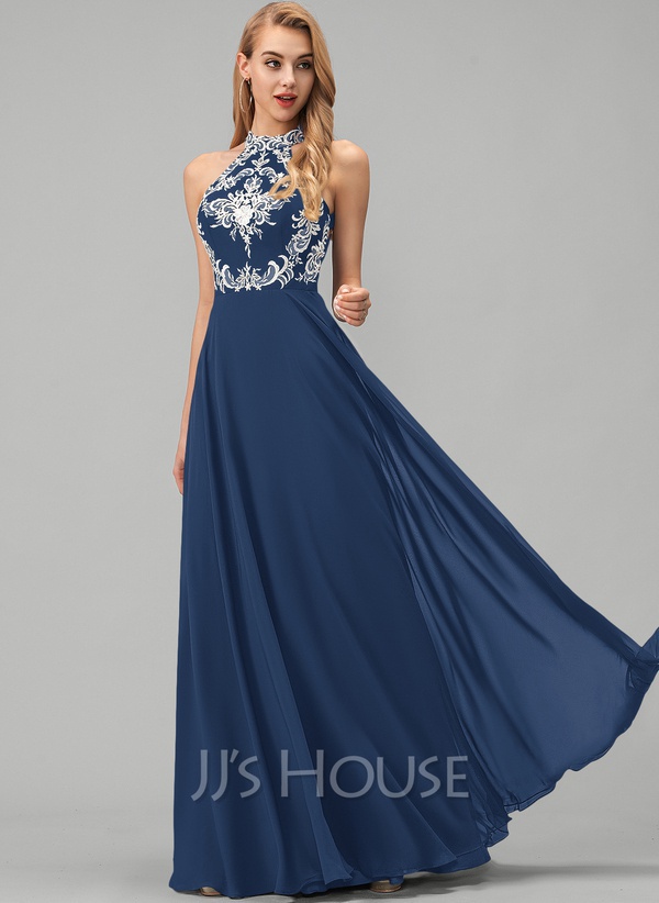 Style YZY237644 JJ's House Size 4 Prom Halter Lace Navy Blue A-line Dress on Queenly