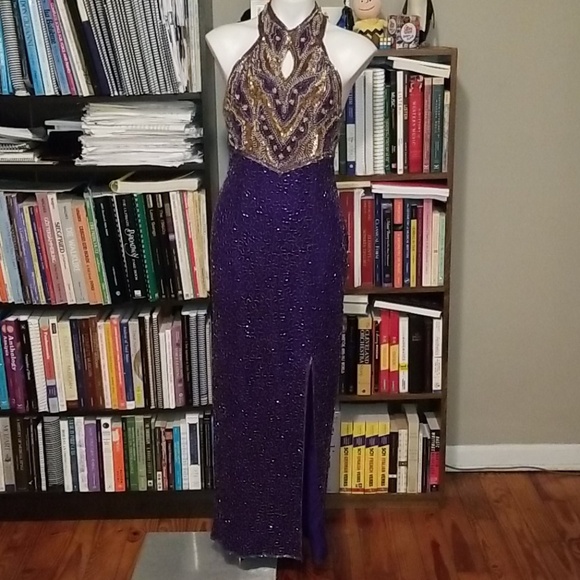 Laurence Kazar Purple Size 8 Jersey Pattern Side Slit Prom Straight Dress on Queenly