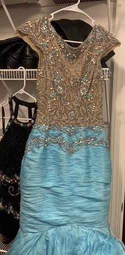 Style Custom Couture  Sherri Hill Size 6 Prom Cap Sleeve Sequined Turquoise Multicolor Mermaid Dress on Queenly